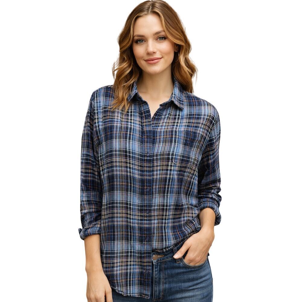 Woolrich organic cotton linen blend long sleeve blue plaid flannel sz L winter